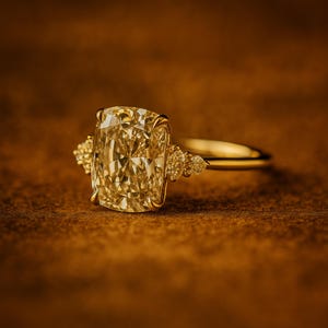May include: A gold ring with a large, cushion-cut yellow diamond as the centerpiece. The ring has a delicate band and smaller accent stones on either side of the main stone. The ring is set against a warm, brown background.
