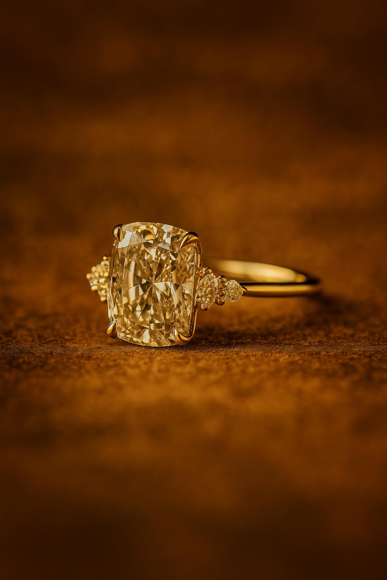 May include: A gold ring with a large, cushion-cut yellow diamond as the centerpiece. The ring has a delicate band and smaller accent stones on either side of the main stone. The ring is set against a warm, brown background.