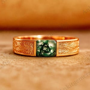 Natural Unique Green Moss Agate Men Wedding Band Yellow Gold Nature Inspired Leaf Design Wedding Ring Handmake Jewelry Promise Rings For Men