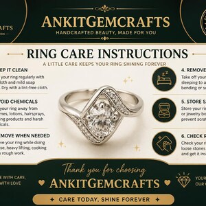 May include: A silver ring with a large, clear, oval-shaped center stone, surrounded by smaller stones. The image includes ring care instructions, with the brand name "ANKITGEMCRAFTS" at the top and bottom, and the text "HANDCRAFTED BEAUTY, MADE FOR YOU".