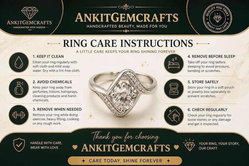 May include: A silver ring with a large, clear, oval-shaped center stone, surrounded by smaller stones. The image includes ring care instructions, with the brand name "ANKITGEMCRAFTS" at the top and bottom, and the text "HANDCRAFTED BEAUTY, MADE FOR YOU".
