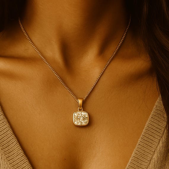 Cushion Cut Moissanite Gold Necklace, Dainty Solitaire Pendant, Minimalist Jewelry Gift for Women, Elegant Anniversary Gift For Her
