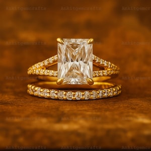 Radiant Cut Moissanite Engagement Ring Set, 14k Rose Gold Moissanite Band Unique Double Claws Hidden Halo Bridal Set Wedding Ring Set