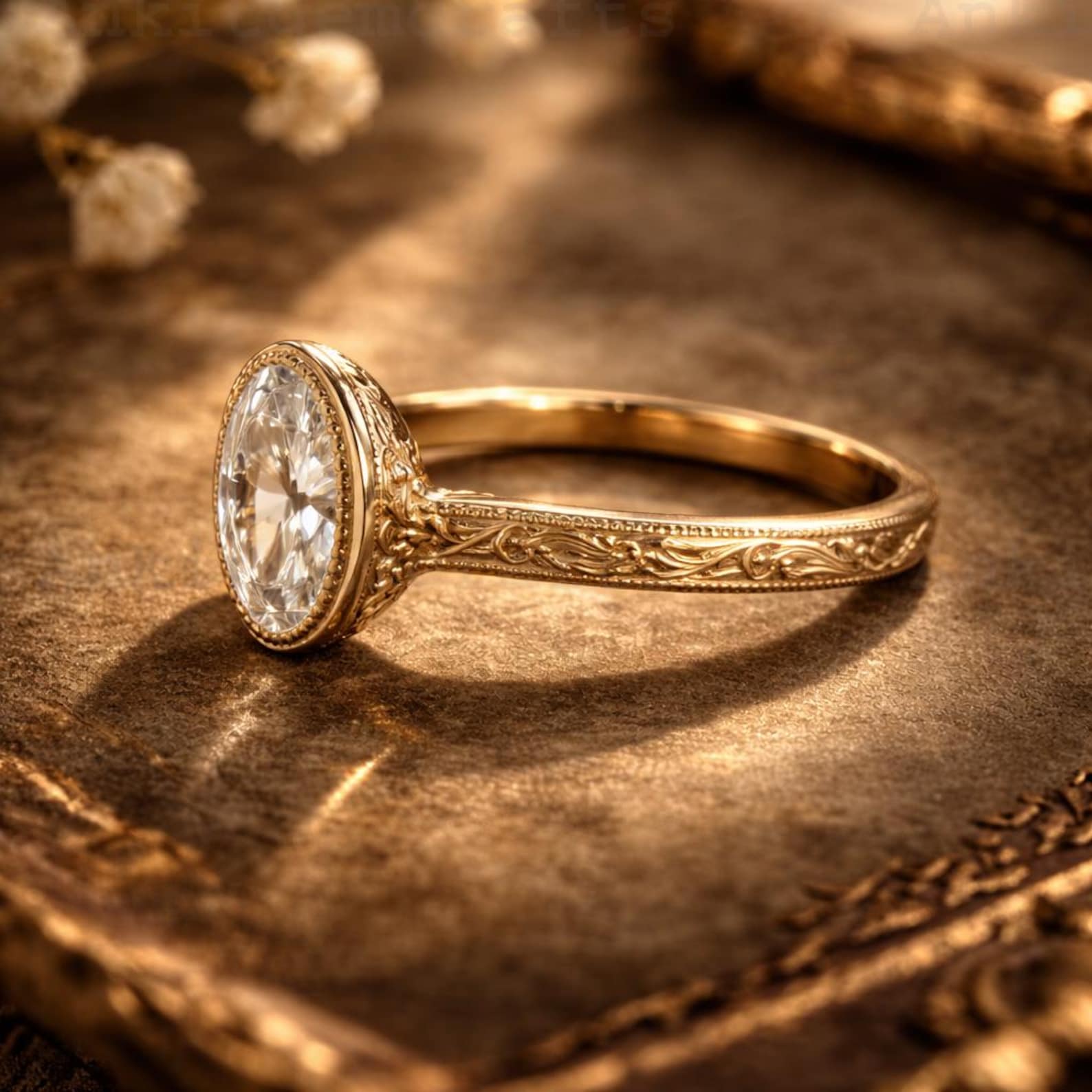 Antique Milgrain Bezel Set Ring, Lab Grown Diamond Engagement Ring ...