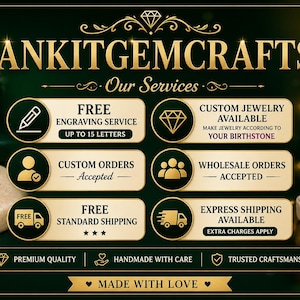 May include: Gold jewelry advertisement with the text "ANKITGEMCRAFTS" and "Our Services". The image showcases rings and necklaces with gemstones, along with service details like free engraving and custom orders.