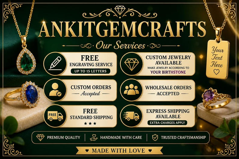 May include: Gold jewelry advertisement with the text "ANKITGEMCRAFTS" and "Our Services". The image showcases rings and necklaces with gemstones, along with service details like free engraving and custom orders.