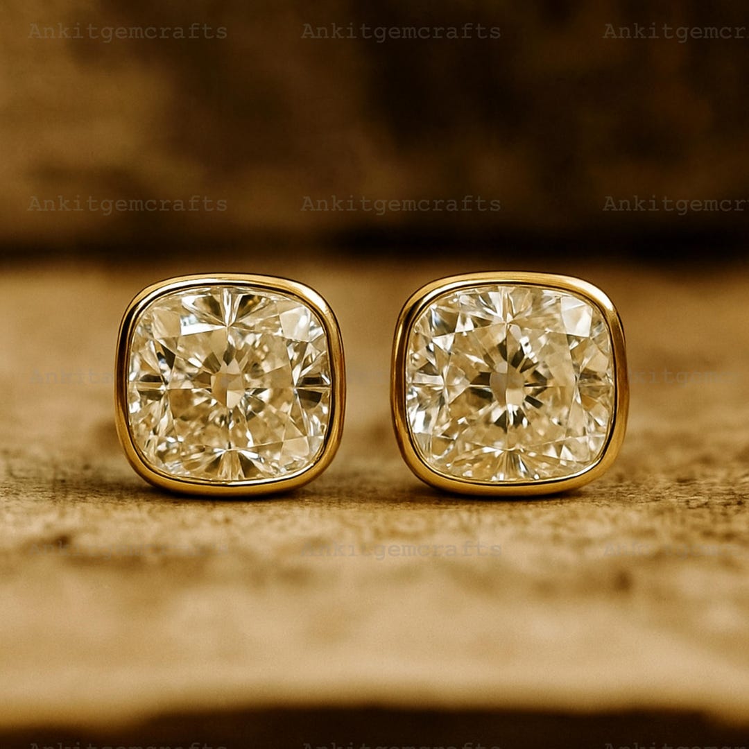 Cushion Cut Moissanite Stud Earrings, Gold Bezel Setting Earrings for Women, Timeless Bridal Jewelry Gift, Elegant Everyday Studs