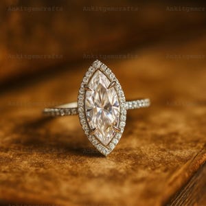 Marquise Cut Moissanite Engagement Ring, 14K Solid Gold, 4 Prong with Hidden Halo Ring, Elongated Marquise, Promise Ring, Wedding Gift