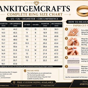 May include: A complete ring size chart with US and UK sizes, diameters in millimeters, and circumferences. Includes instructions for measuring ring size using the paper cut method. Features a gold ring with a diamond and a gold band.