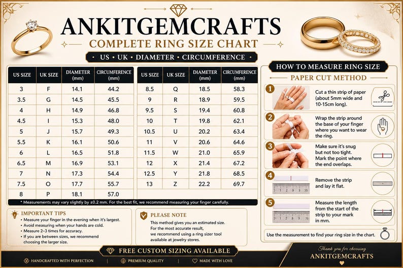 May include: A complete ring size chart with US and UK sizes, diameters in millimeters, and circumferences. Includes instructions for measuring ring size using the paper cut method. Features a gold ring with a diamond and a gold band.