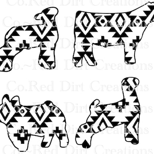 Könnte beinhalten: Vier schwarz-weiße Tiersilhouetten mit geometrischem Muster. Die Tiere umfassen ein Schaf, eine Kuh, ein Schwein und eine Ziege. Das geometrische Muster besteht aus Dreiecken und Rauten.