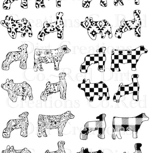 May include: A collection of black and white cow illustrations with various patterns. Designs include floral, leopard print, geometric, and checkered patterns. The cows are in a standing profile pose, suitable for crafts or design projects.