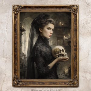 Victorian Gothic Portrait, Spiritist Woman with Skull, Dark Academia Art (Digital Download)
