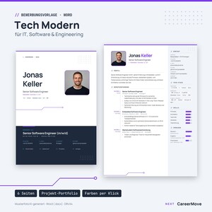 Pode incluir: Um modelo de currículo digital intitulado Tech Modern para TI, Software e Engenharia. O documento apresenta um layout branco e azul escuro com uma foto de espaço reservado de um homem, detalhes de contato e histórico profissional.