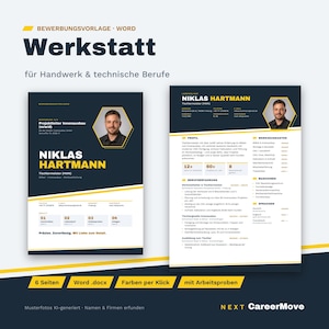 May include: A digital CV template for Word titled Werkstatt, featuring a dark blue and yellow colour scheme. It includes two pages with sections for personal details, a professional photo in a hexagon frame, work experience, and skills.