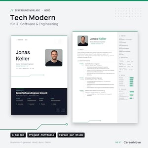Könnte beinhalten: Eine digitale Bewerbungsvorlage mit dem Titel Tech Modern für IT, Software & Engineering, bestehend aus einem weißen und dunkelblauen Layout mit einem Platzhalterfoto, Kontaktdaten, Berufserfahrung, Tech-Stack und Fähigkeiten.