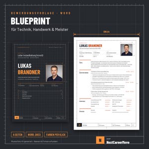 以下が含まれることがあります： Blueprint for Technik, Handwerk & Meisterというタイトルの履歴書テンプレートセット。ダークグレーの表紙と白の本文ページがDIN A4サイズで構成されています。両方のページにプロフェッショナルなポートレート写真、連絡先情報、およびテキストが含まれています。
