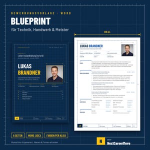 Op de afbeelding: Een digitaal cv-sjabloon in Word-formaat met een donkerblauwe blauwdruk-achtergrond en witte rasterlijnen. Het document toont de naam Lukas Brandner, professionele contactgegevens, een profielfoto en gestructureerde secties voor werkervaring.