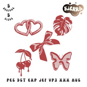 May include: Red and white embroidery designs on a white background. The designs include two intertwined hearts, a bow, a butterfly, a leaf, and cherries. The text "5 designs 5 sizes" is at the top left. The KIERRA logo is at the top right.