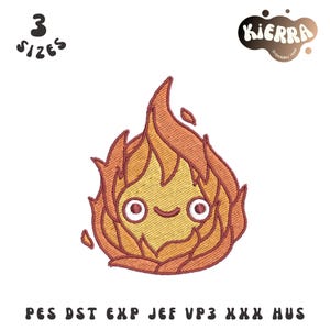 May include: An embroidery design featuring a stylized flame character with a yellow center, orange edges, and a simple smiling face. The text 3 SIZES appears in the top left, KIERRA Embroidery House in the top right, and PES DST EXP JEF VP3 XXX HUS at the bottom.