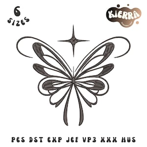 May include: A dark gray machine embroidery design of a stylized butterfly with elongated wings and a four-pointed star above it. The text 6 SIZES appears in the top left, KIERRA Embroidery Hout in the top right, and PES DST EXP JEF VP3 XXX HUS below.