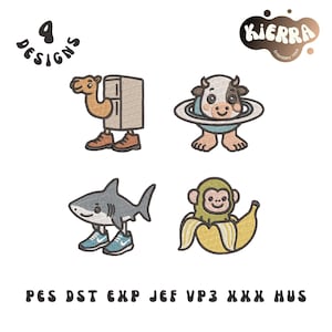 May include: A collection of four whimsical embroidery designs featuring cartoon animals. Includes a camel with a refrigerator body, a cow with a planet ring, a shark wearing sneakers, and a monkey in a banana. The designs are in various embroidery file formats.