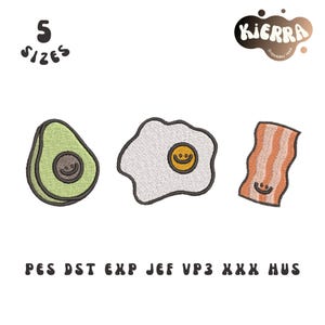 Puede incluir: Parches bordados con un aguacate sonriente, un huevo frito y una tira de tocino en verde, amarillo y marrón. También se ve el texto "5 tamaños" y "Kierra Embroidery House".