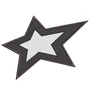 May include: Embroidered patch featuring a stylized star design. The patch has a black outer star shape with a white inner star. The design is outlined with a dark gray border, creating a layered effect. The patch is likely for clothing or accessories.