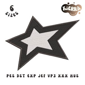 May include: A black and white star-shaped embroidery design. The star has a white center with a black outline and a black border. The image includes the text "6 sizes" and the brand name "Kierra Embroidery Hub".