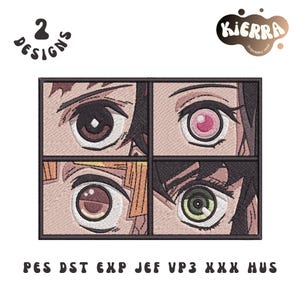 May include: Embroidered design featuring four anime-style eye pairs in a grid. Each eye pair has a unique color scheme, including brown, pink, and green. The design is framed with a black border, with the text "2 DESIGNS" and "KIERRA Embroidery Hub".