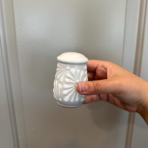 May include: A white ceramic salt shaker with a floral design. The shaker has a cylindrical shape with a rounded top and a base. The floral pattern is raised and painted white, creating a textured effect. The shaker is held in a hand.
