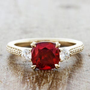 Ruby red cushion cut diamond engagement ring, Three stone cushion cut wedding ring, 14K Gold vintage ring, Anniversary gift, Birthstone ring