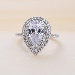 Pear Shaped Halo Diamond Engagement Ring, Double Halo Moissanite Ring, Unique Teardrop Wedding Ring, Pave Band, 14K White Gold Gift For Her.