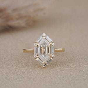Hexagon Baguette Diamond Engagement Ring – Art Deco Gold Ring, Unique Geometric Bridal Ring, Vintage Statement Ring, Dutch Marquise cut ring