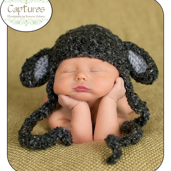 Baby Black Sheep Little Lamb Baby Hat with Earflaps and Braided ties, Girls or Boys. You Pick Size,Preemie, Newborn, Infant