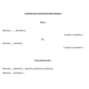 Puede incluir: Un documento blanco con el título "CONTRAT DE LOCATION DE BIEN MEUBLE" en texto negro. El documento es un contrato con espacios para nombres, direcciones y otros detalles. El texto está en francés.