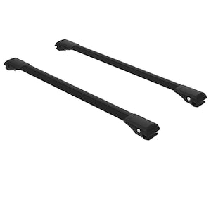 May include: Two black car roof rack crossbars. Each bar is rectangular with rounded edges and has a mounting bracket at each end. The crossbars are designed to attach to a vehicle's roof for carrying cargo.