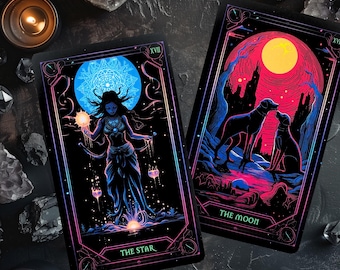 Donkere Neon Tarot | Cyberpunk 78-kaartendeck met zwarte kern | Synthwave Blade Runner - Kaarten in een elegante fluwelen trekkoordtas