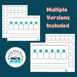 May include: White printable worksheets with the text "abcdefghijklmnopqrstuvwxyz" and numbered boxes. The words "Multiple Versions Included" are in pink. A logo with the words "Winding Road Reading" is also included.