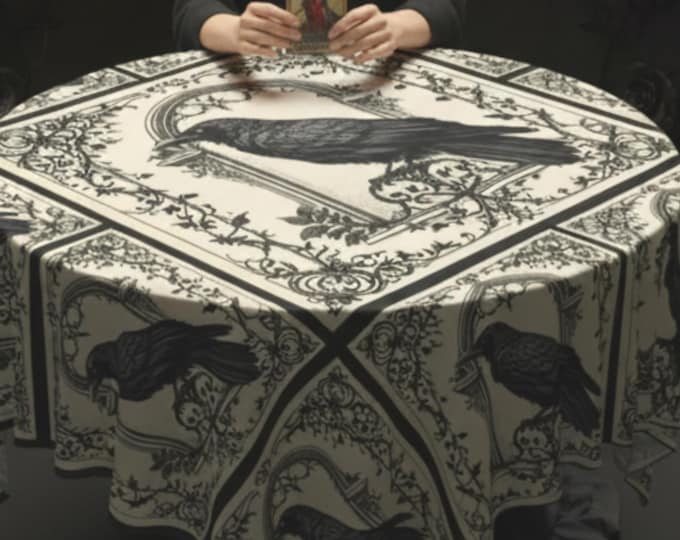 Featured listing image: Gothic Victorian Tablecloth, Raven dark cottagecore dining table cover, Macabre baroque kitchen witch home decor accent