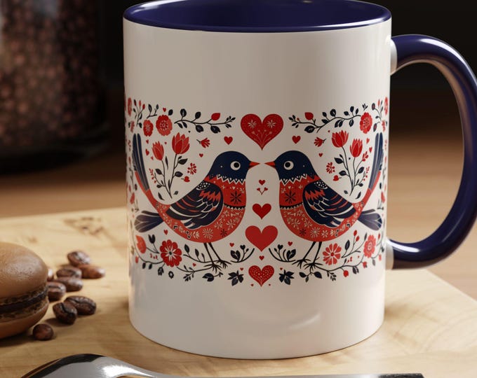 Featured listing image: Nordic Folk Valentine Mug | Art Mug Hygge Gifts Scandinavian Christmas Mug Folk Art Lovebirds Norwegian Folk Art