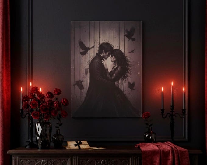 Featured listing image: Goth Valentine Dark Romance WallArt | Gothic Couple Print | Emotional Ink Painting | Black and White Gothic Decor | Valentine Gift