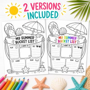 May include: Two black and white summer bucket list printables. Each printable features a bucket filled with beach items, including a seashell, flip-flops, and a beach umbrella. The text "MY SUMMER BUCKET LIST" is at the top, with sections for "PLAY", "I WANT TO", "SEE", "LEARN", and "READ".