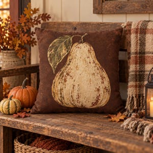 Primitive Pear Pillow Cover, Vintage Fruit Cushion Case, Rustic Farmhouse Fall Pillow, Distressed Pear Throw Pillow, Autumn Country Decor