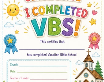 Certificado de Escuela Bíblica de Vacaciones / Completé la Escuela Bíblica de Vacaciones (imprimible) / Premio por completar la Escuela Bíblica de Vacaciones / Certificado de Escuela Dominical / Ilumina Su Luz