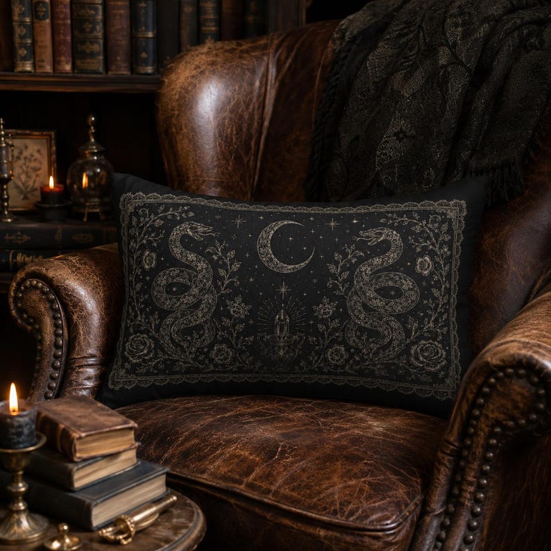 Serpent Moon Gothic Pillow, Witchy Snake Lumbar Cushion, Dark Academia Crystal Pillow, Celestial Victorian Decor, Gothic 20x14 black rectangle Pillow