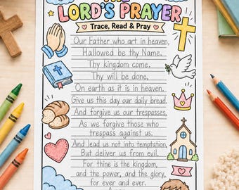Hoja de trabajo para trazar el Padre Nuestro / Actividad de oración cristiana para niños / Página para colorear de la escuela dominical / Imprimible para escritura bíblica