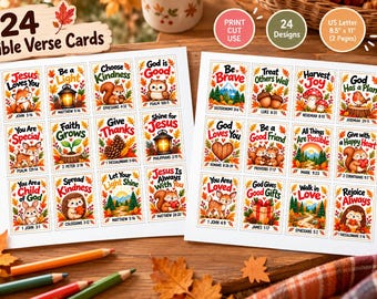 Christliche Herbstgeschenkanhänger zum Ausdrucken | 24 Anhänger mit Bibelversen für herbstliche Leckereien | Anhänger für Waldtier-Sonntagsschul-Erntedankkekse
