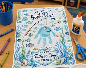 Huella de mano imprimible para el Día del Padre, Regalo para papá aficionado a la pesca en el océano, Regalo para papá, Imprimible para el Día del Padre, Descarga digital, Manualidad para el Día del Padre