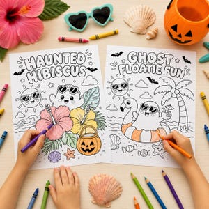 以下が含まれることがあります： ハロウィーンをテーマにしたイラストが描かれた2枚の白い塗り絵用紙。左側の「Haunted Hibiscus」と題されたシートには、幽霊、ハイビスカスの花、ジャック・オー・ランタンが描かれています。右側の「Ghost Floatie Fun」と題されたシートには、浮き輪に乗った幽霊が描かれています。